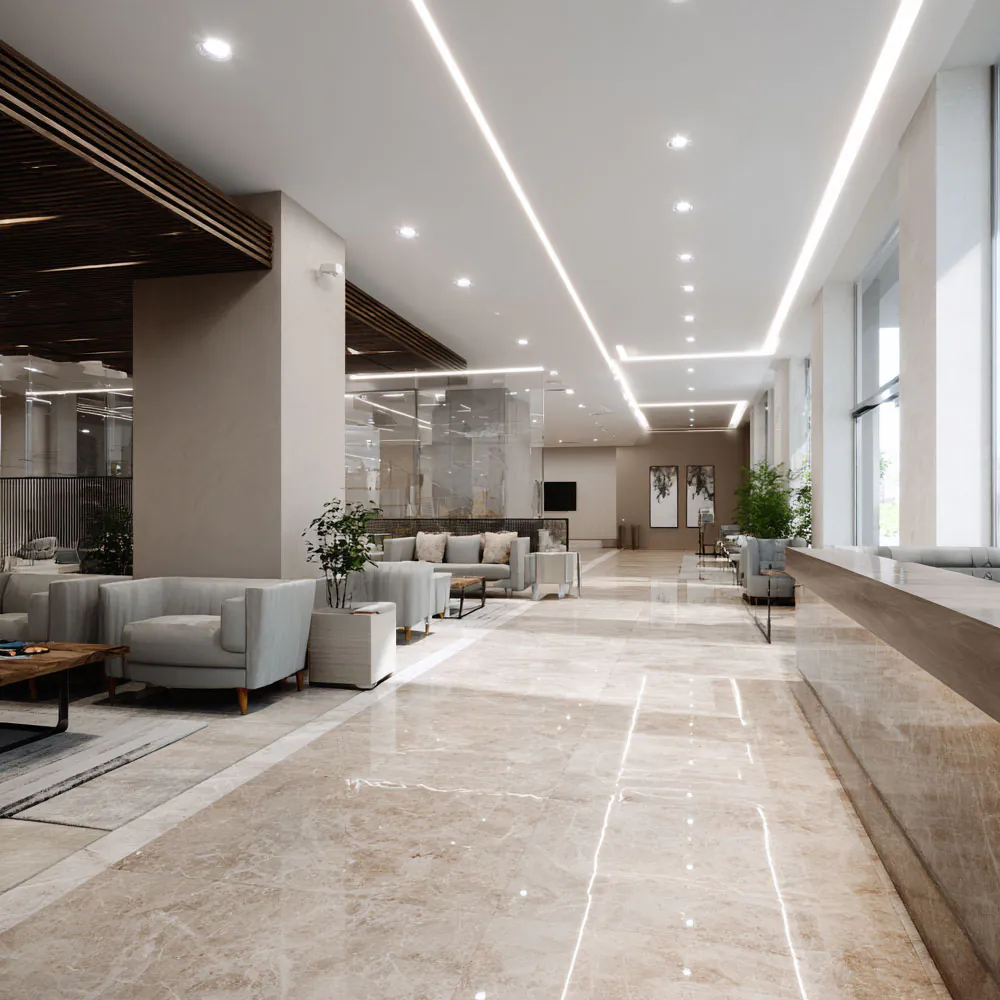 Ares spotlights in a hotel lobby